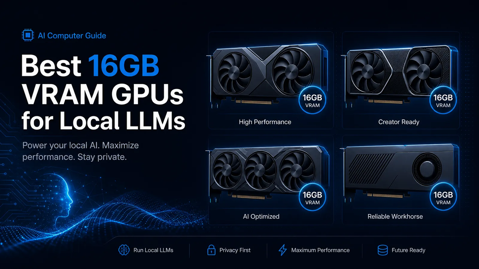 Grid of abstract 16GB GPUs for local LLM builds in 2026
